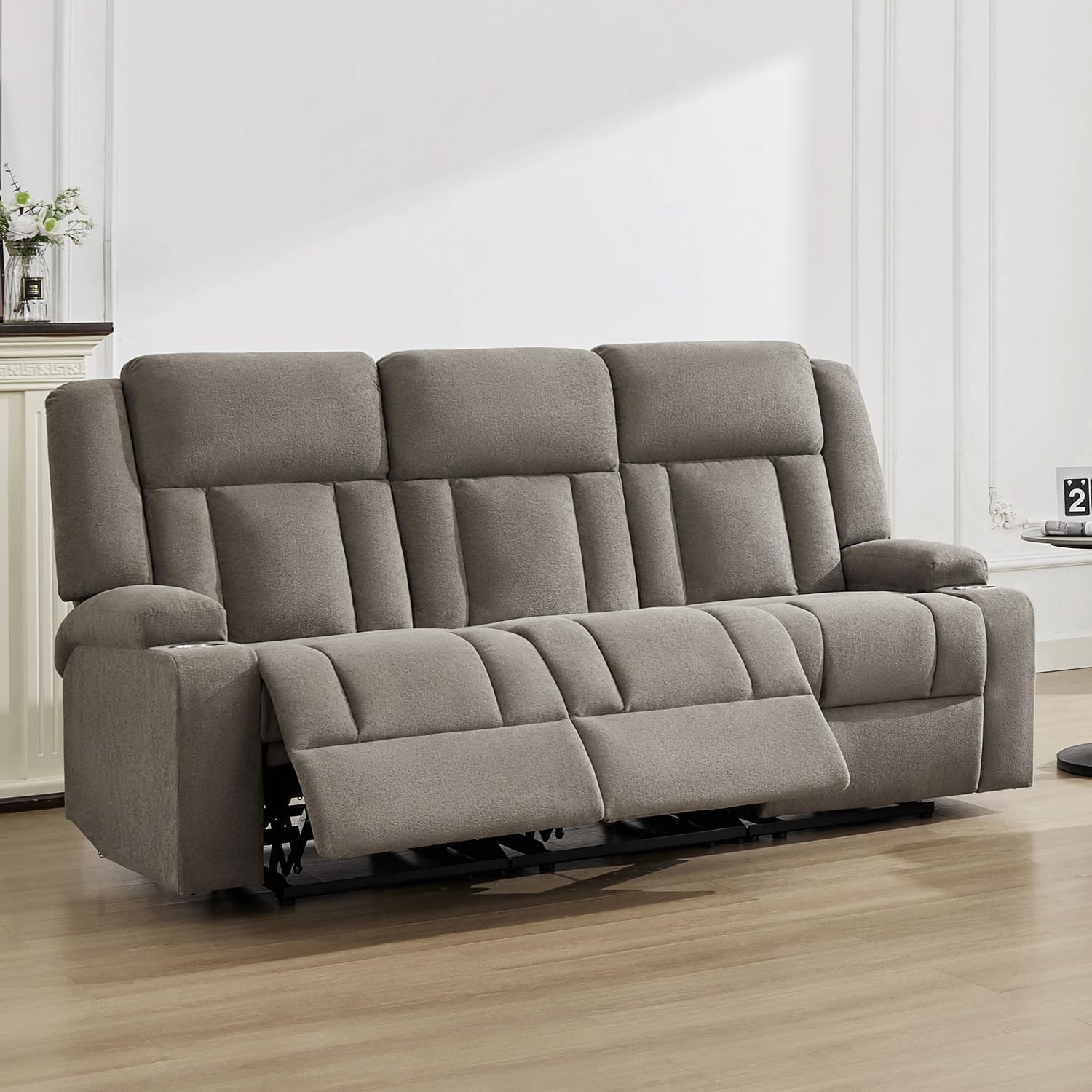 Recliner Sofa with Cup Holders, 3-Seater Fabric Reclining Couch, Manual Recliner Wall Hugger for Living Room, Home Theater, Small Spaces (Light Brown)