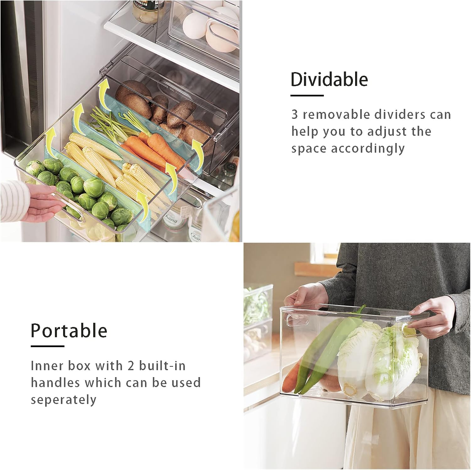 7 pack Stackable Refrigerator Organizer Bins Pull-Out Drawers for Fruit and Veggies Storage Organizer for Fridge Clear Drawer Containers with Handle Divided Organization for Produce Saver