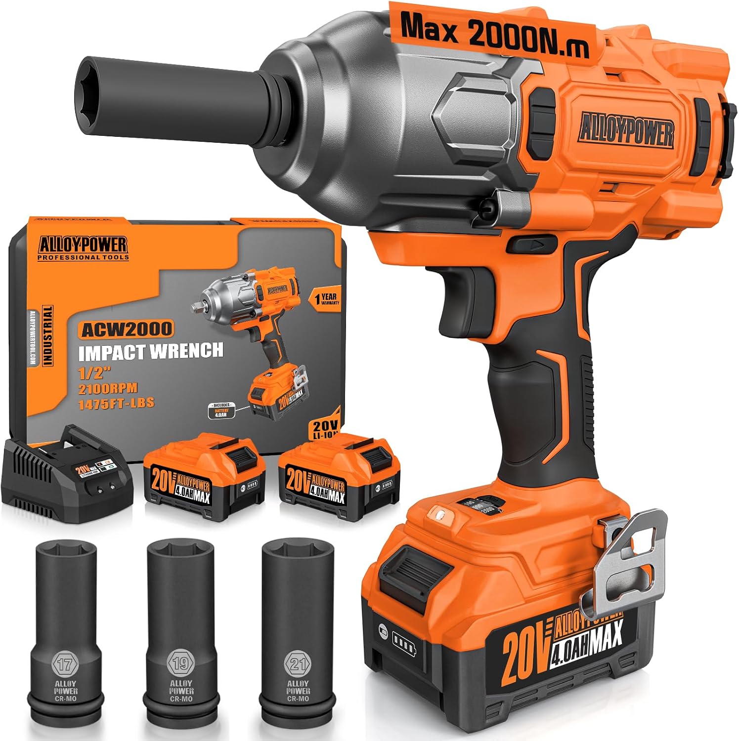 ALLOYPOWER Cordless Brushless Impact Wrench, 1475 ft-lbs (2000N.m), 1/2 High Torque power impact gun, 3-Mode Speed, 2*4000mAh Battery, 3 Sockets, Electric Impact Wrench Set for Car Tire Truck RV Mower