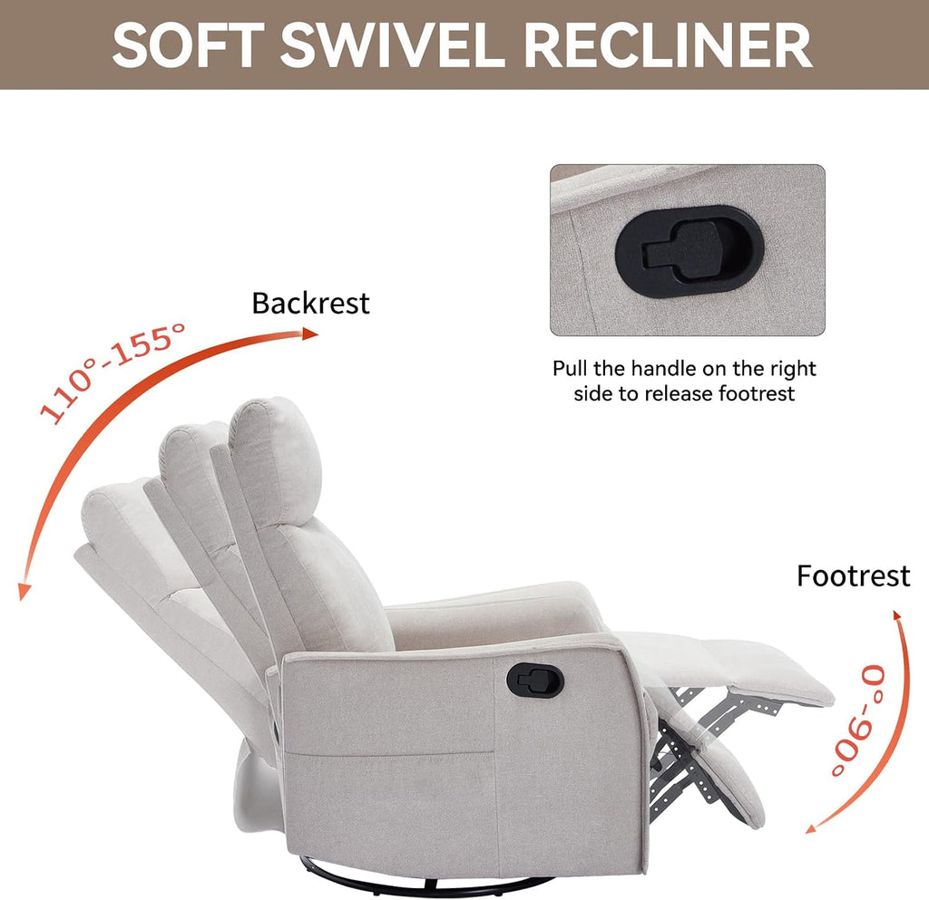 Massage Rocker Swivel Recliner Chair for Adults, Manual Recliner Glider with Lumbar Heating, Technical Flannel Fabric Nursery Glider Rocking Chair with Vibration Massage for Living Room - Beige