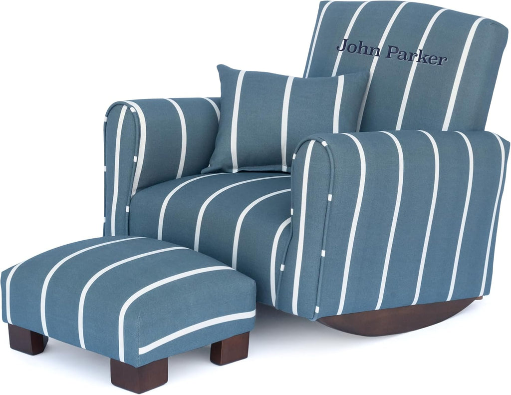 Toddler Personalized Armchair, Kids Upholstered Rocking Chair with Personalization, Toddler Chair with Personalized Name, Comfy Child Armchair (Rockers, Slate Blue Stripe)