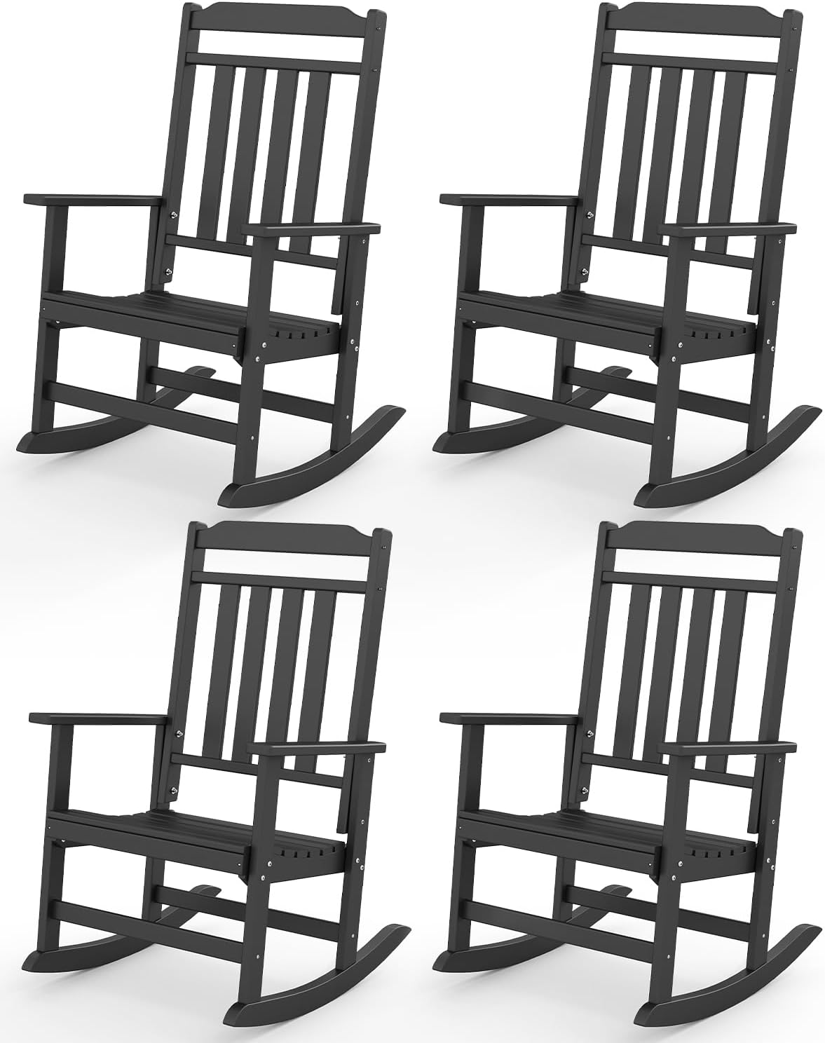 GREENVINES Outdoor-Rocking-Chairs-Set-of-4 | HDPE Plastic | Patio Rockers | Porch Rocker Chair | Oversized | High Back | Big & Tall | Black