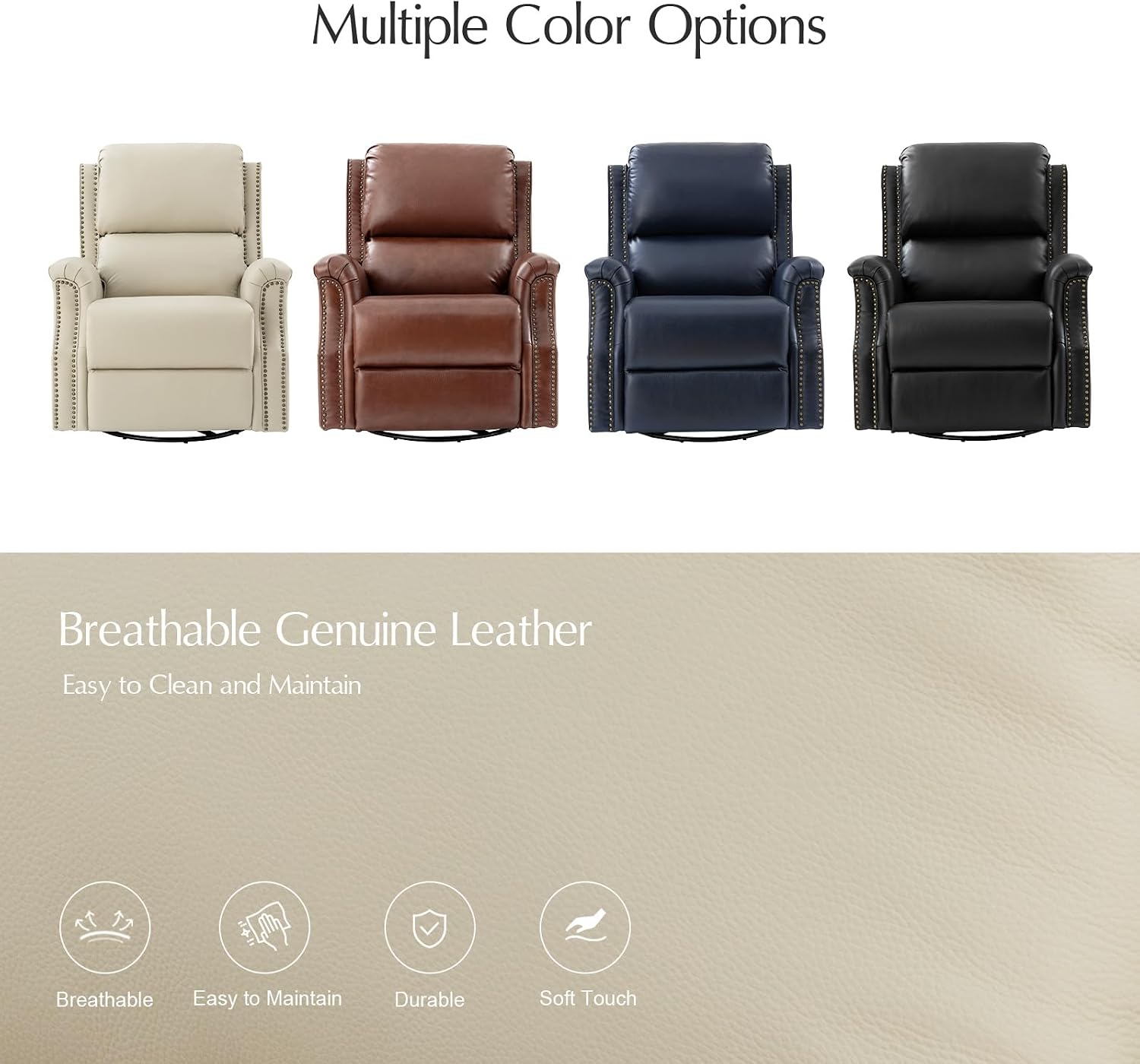 HULALA HOME Genuine Leather Recliner Chair, Swivel Rocker Chair with Thick Seat, Classic Push Back Armchair with Backrest, Nailhead Trim, Beige