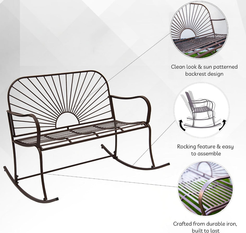 XBrand Outdoor Iron Glider Rocking Bench, Weather-Resistant Patio Glider Rocking Chair with Sun-Pattern Backrest, Heavy-Duty Porch Garden Seating for Yard & Patio, Brown