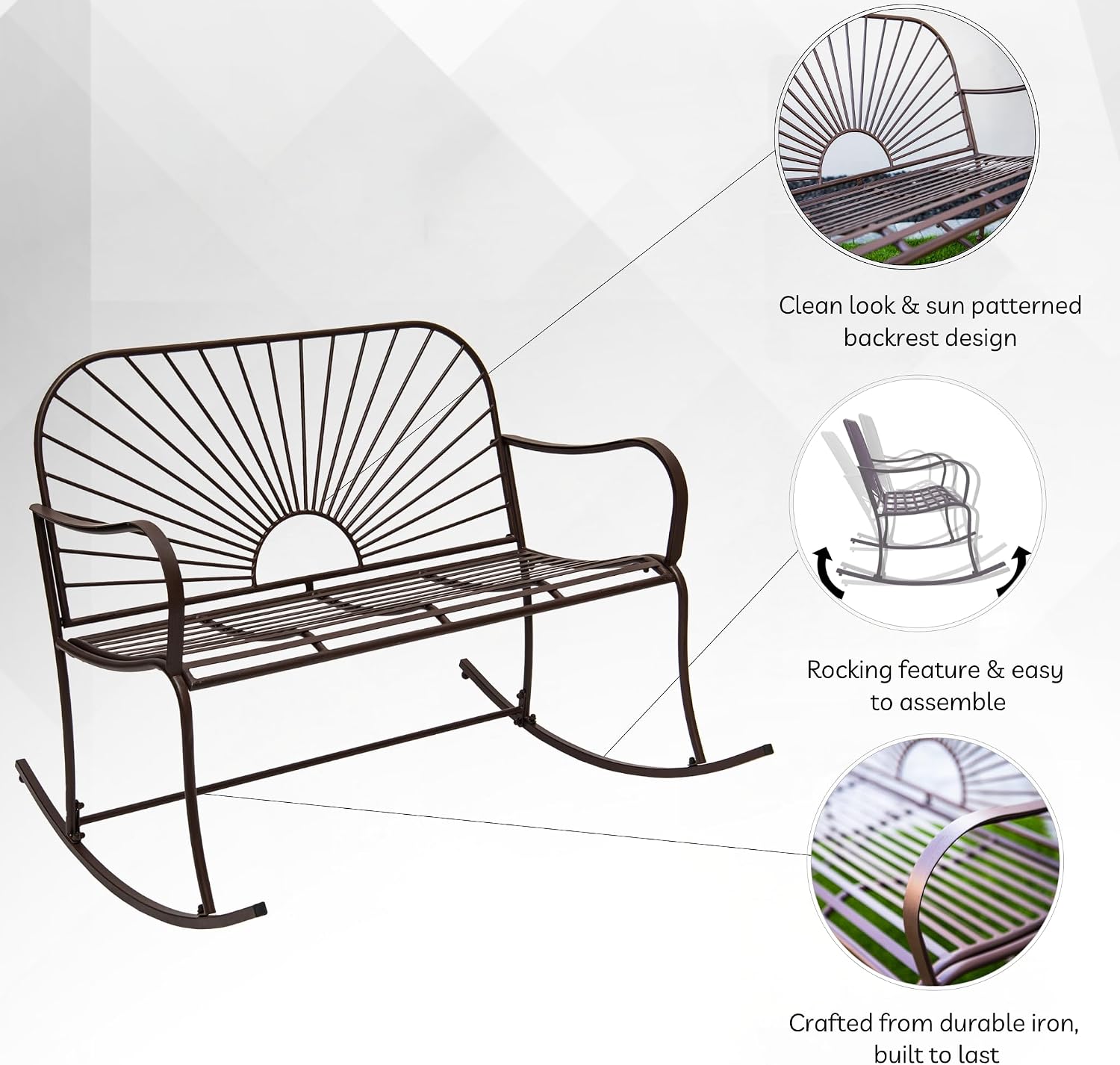 XBrand Outdoor Iron Glider Rocking Bench, Weather-Resistant Patio Glider Rocking Chair with Sun-Pattern Backrest, Heavy-Duty Porch Garden Seating for Yard & Patio, Brown