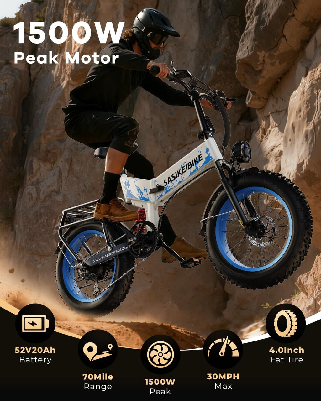 SASIKEIBIKE 1500W Folding Electric Bike for Adult,52V20Ah Removable Battery Ebike with 70Mile Max,20' x4.0 Fat Tire E-Bike, Foldable Dual Suspension Electric Bicycle for Commute,Mountain