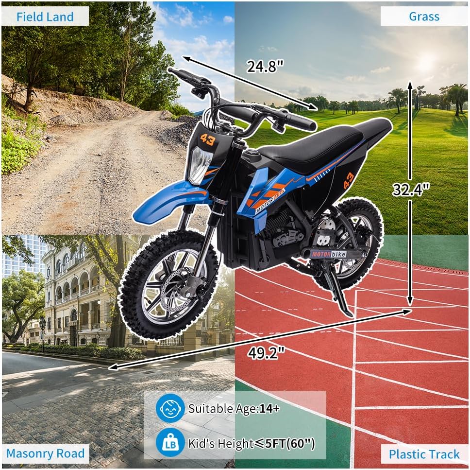 36V Electric Dirt Bike for Kids, Ride on Motorcycle 500W Brushed Motor Variable Speed to 15.5MPH with LED Headlight, Leather Seat,Chain-Driven for Teens Max Load 175lbs,Blue