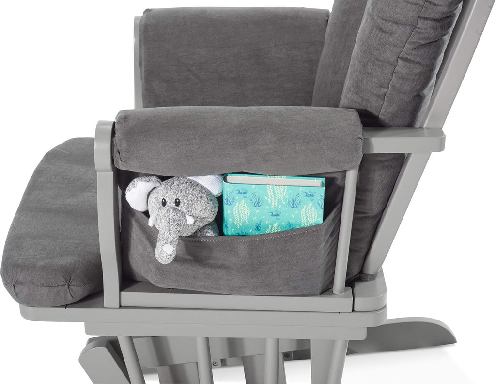Child Craft Cozy Glider Rocker and Ottoman Set, Smooth Quiet Gliding Motion, Padded Cushion with Convenient Storage Pockets, Solid Wood Base & Frame (Cool Gray with Dark Gray Cushion)