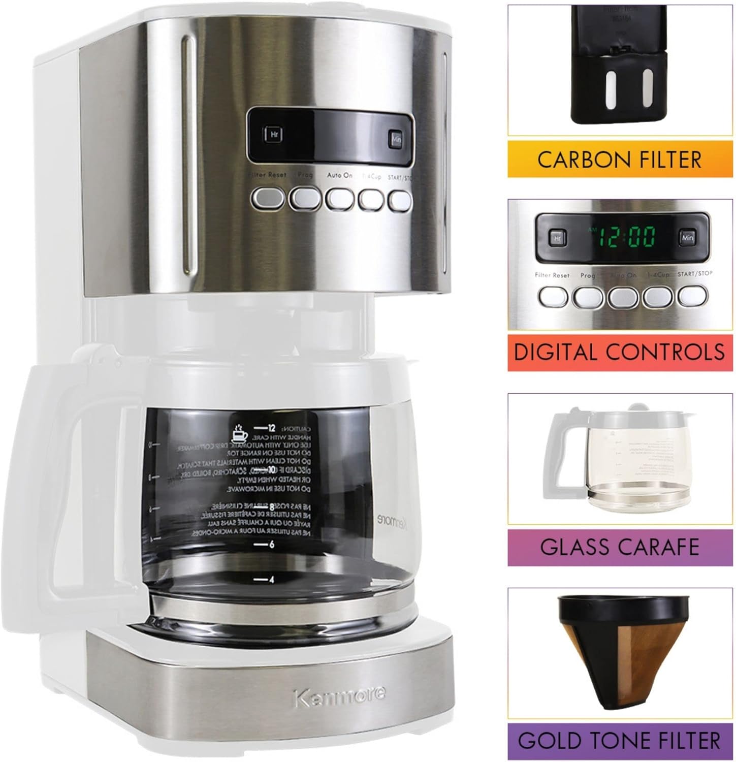 Kenmore Coffee Maker 12 cup Drip Coffee Machine Programmable Aroma Control Glass Carafe & Kenmore/Keurig/Cuisinart/Braun compatible replacement charcoal water filter 12 Pack