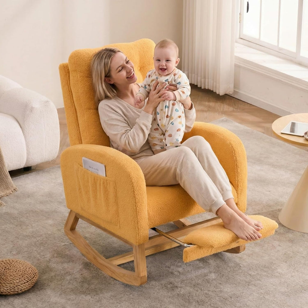 NIOIIKIT Nursery Rocking Chair, Linen Upholstered Glider Chair with Footrest, Tufted Rocker Recliner with Side Pocket, Comfy Recliner Glider, Accent Chair for Living Room (Yellow Teddy)