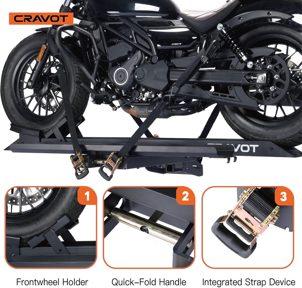 CRAVOT Motorack M1 Max Motorcycle Hitch Carrier with Ramp, 660 lbs Capacity Motorbike Carrier, Foldable Hauler Hitch Mount Rack Anti-Rattle Up to 6-inch Fat Tire 2' Receiver