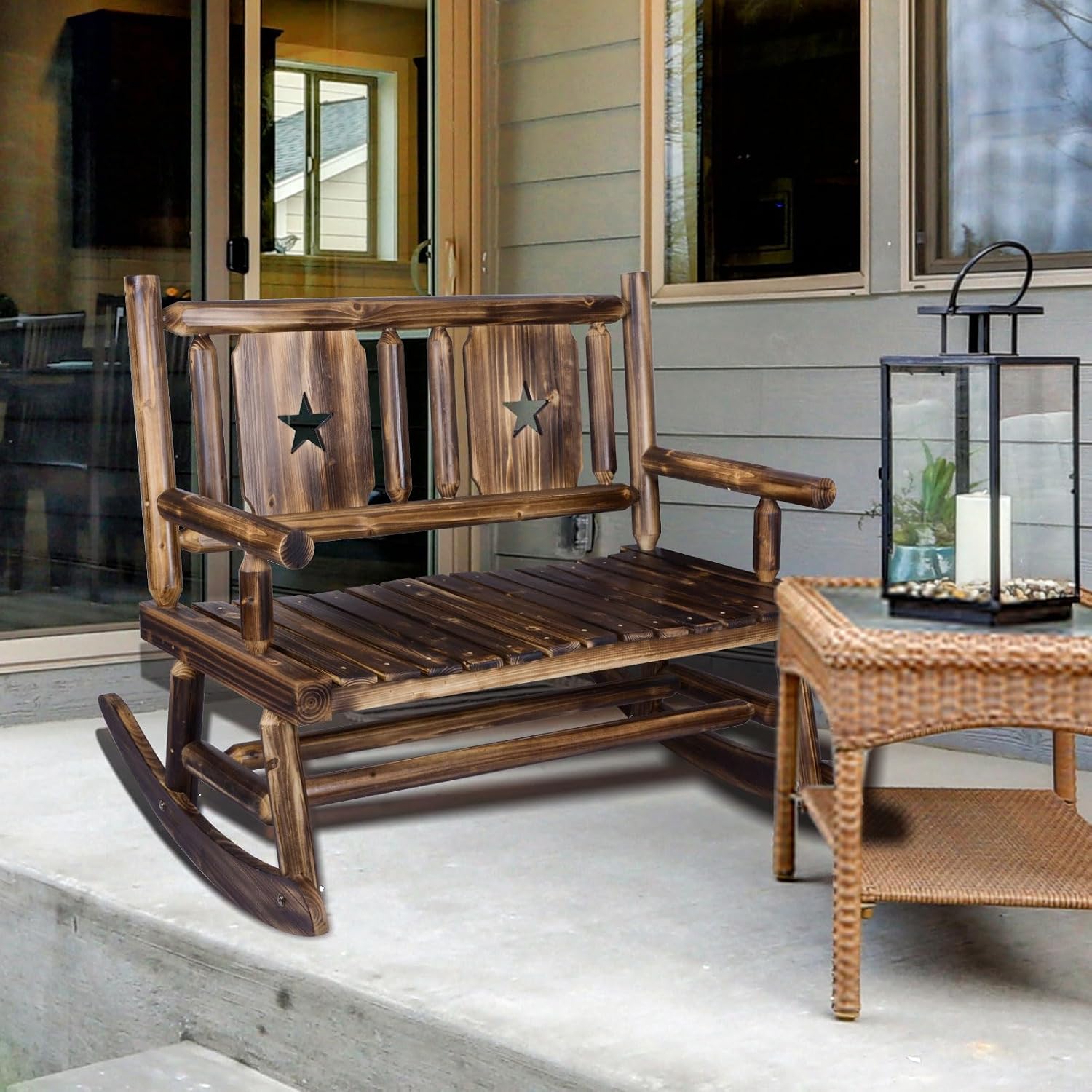 XCSOURCE Outdoor Rocking Bench, Wooden Double Outdoor Patio Rocker Chair for 2 Persons, Rustic Log Porch Bench for Farmhouse Decoration (Brown)