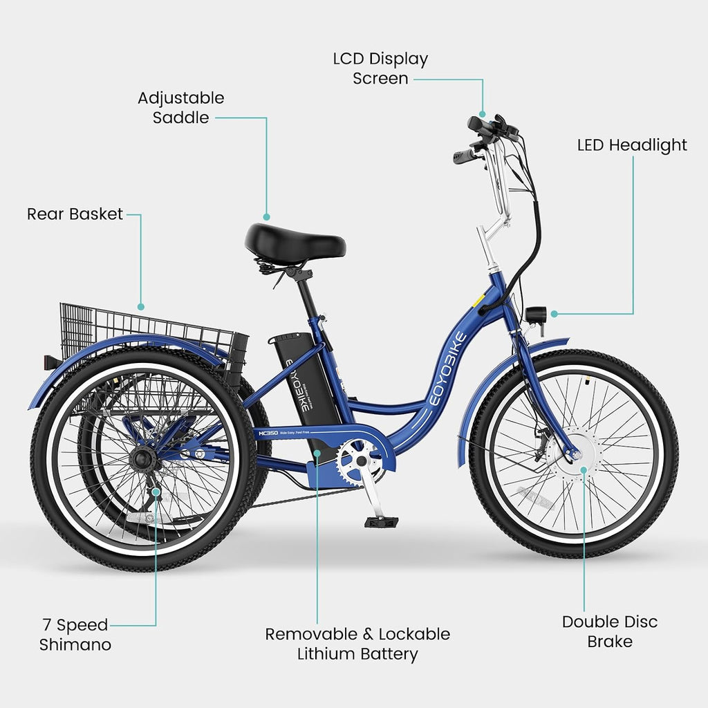 Electric Tricycle for Adults Seniors, 24/26 Inch 3 Wheel E-Trike, 350W Motor (700W Peak), Removable 36V Battery, Up to 15.5MPH, 25-60Mile Range, Low Step-Through, Rear Basket, 350lbs Capacity, 7 Speed