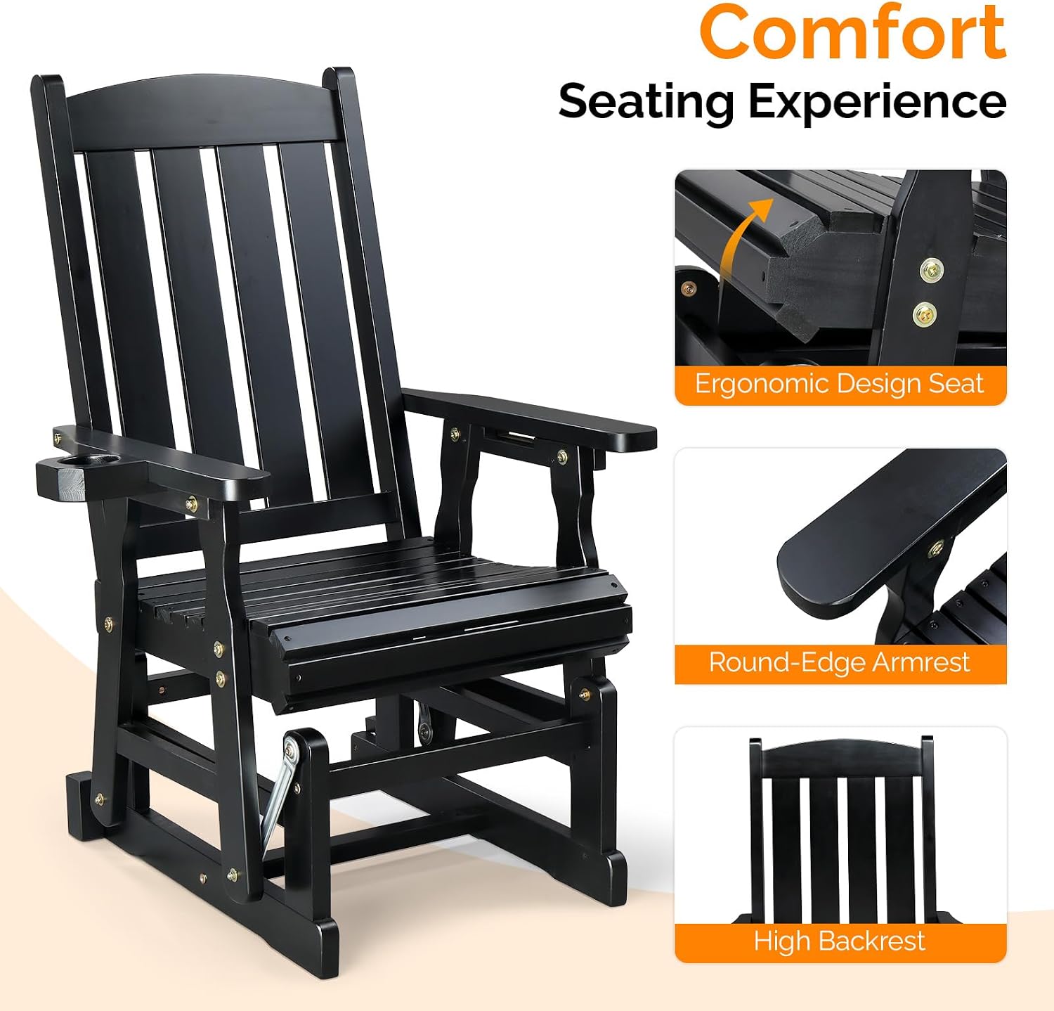 VINGLI Wooden Patio Glider, Heavy Duty 600 LBS Outdoor Glider with Cup Holders, Single Wooden Glider Bench with High Backrest for Garden, Yard, Patio, Black