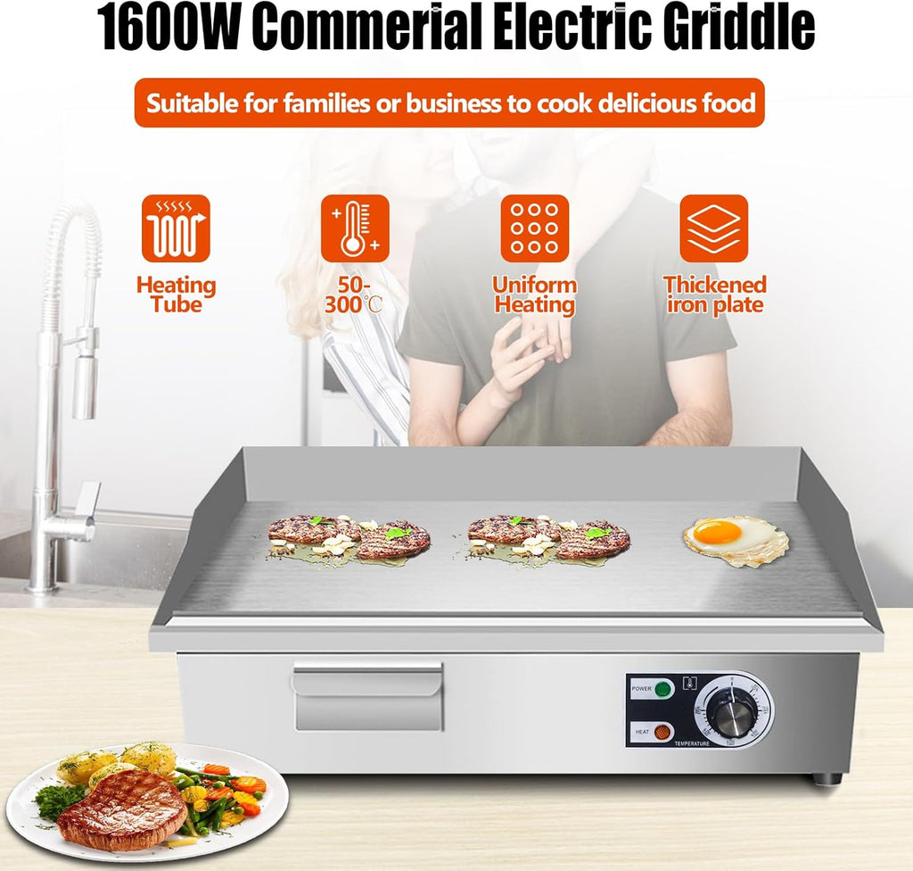 22' Commercial Electric Griddle,Electric Countertop Flat Top Griddle,110V 1600W Electric Flat Top Grill,Non-Stick Restaurant Teppanyaki Stainless Steel Grill,Adjustable Temperature Control