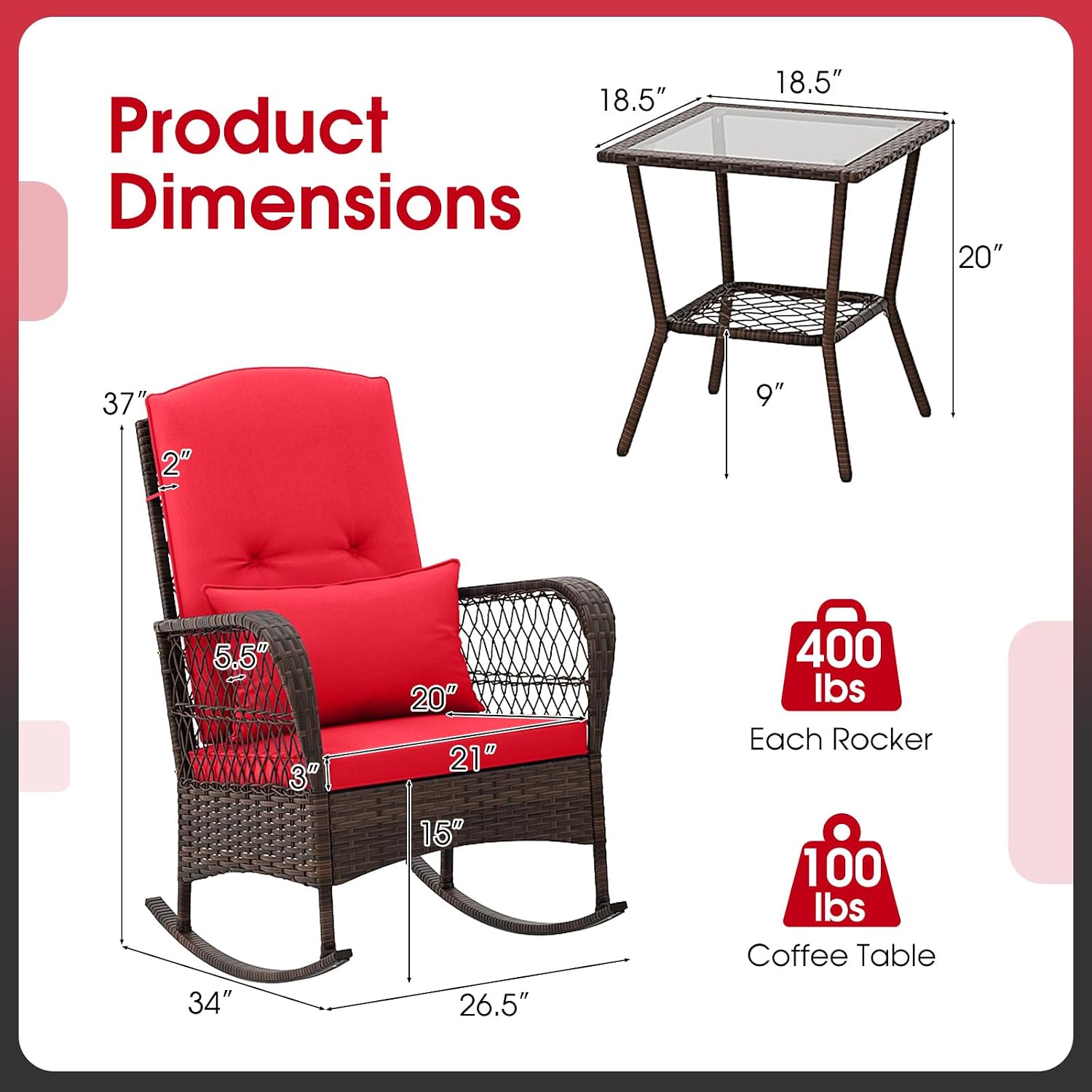 Tangkula 3 Piece Patio Rocker Set, Patiojoy Outdoor Wicker Rocking Chairs w/Double-Layer Coffee Table, Rattan Rocker Chair Set w/Seat Back Cushions & Pillows, for Porch, Backyard, Poolside (Red)