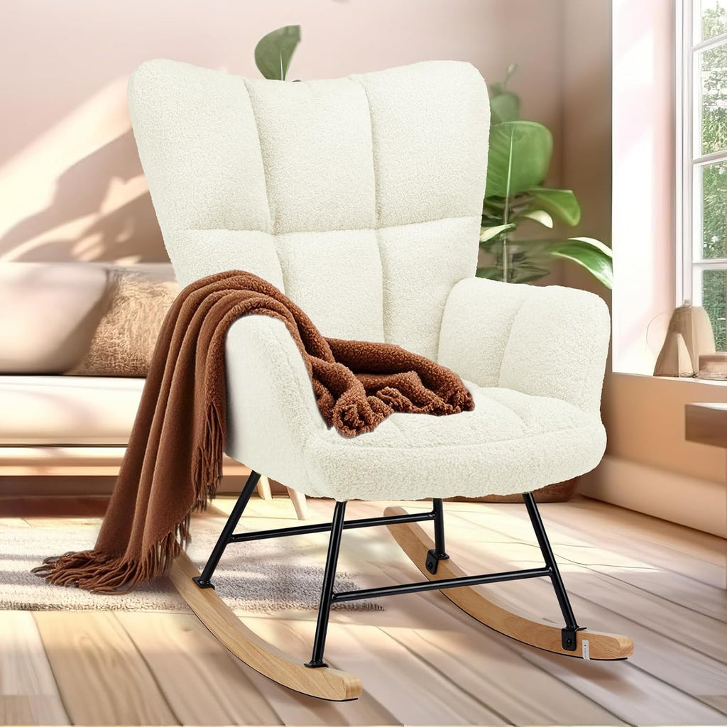 YSSOA Nursery Rocking Chairs, Teddy Upholstered Glider Recliner Rocking Chair with High Backrest Armchair, Comfy Reading Chair Fluffy Accent Side Chair for Nursing, Living Room, Bedroom, White