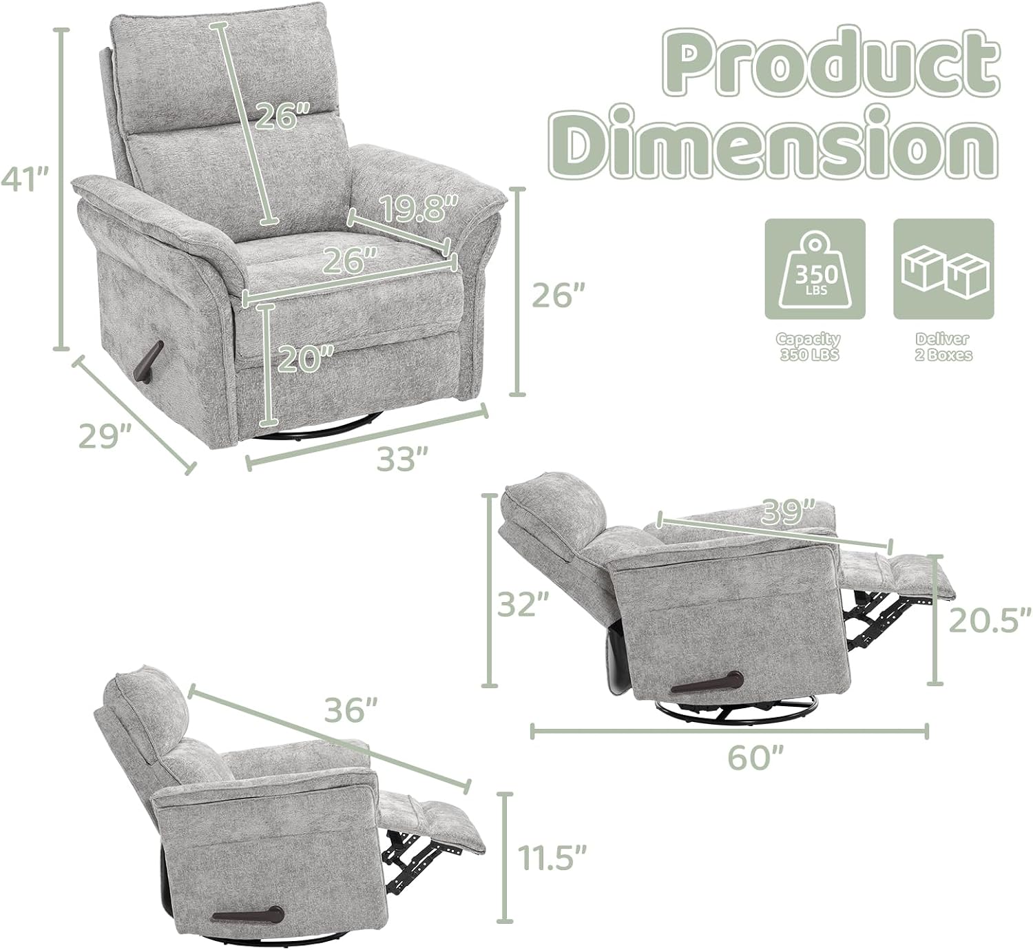Oversized Swivel Rocker Recliner with Adjustable Headrest, Rocking Chair Nursery with Overstuffed Armrest, Manual Rocker Recliner Nursery Chair for Living Room,Light Grey