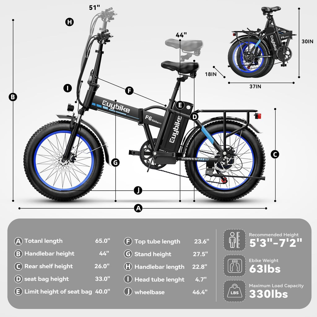 EUYBIKE Foldable Electric Bike for Adults, 30+MPH, 48V 20Ah Removable Battery up to 80Miles, 20' Fat Tire 1000W Peak Motor Adult Electric Bicycle for Beach Mountain E Bike Blue Black with Safety Seat