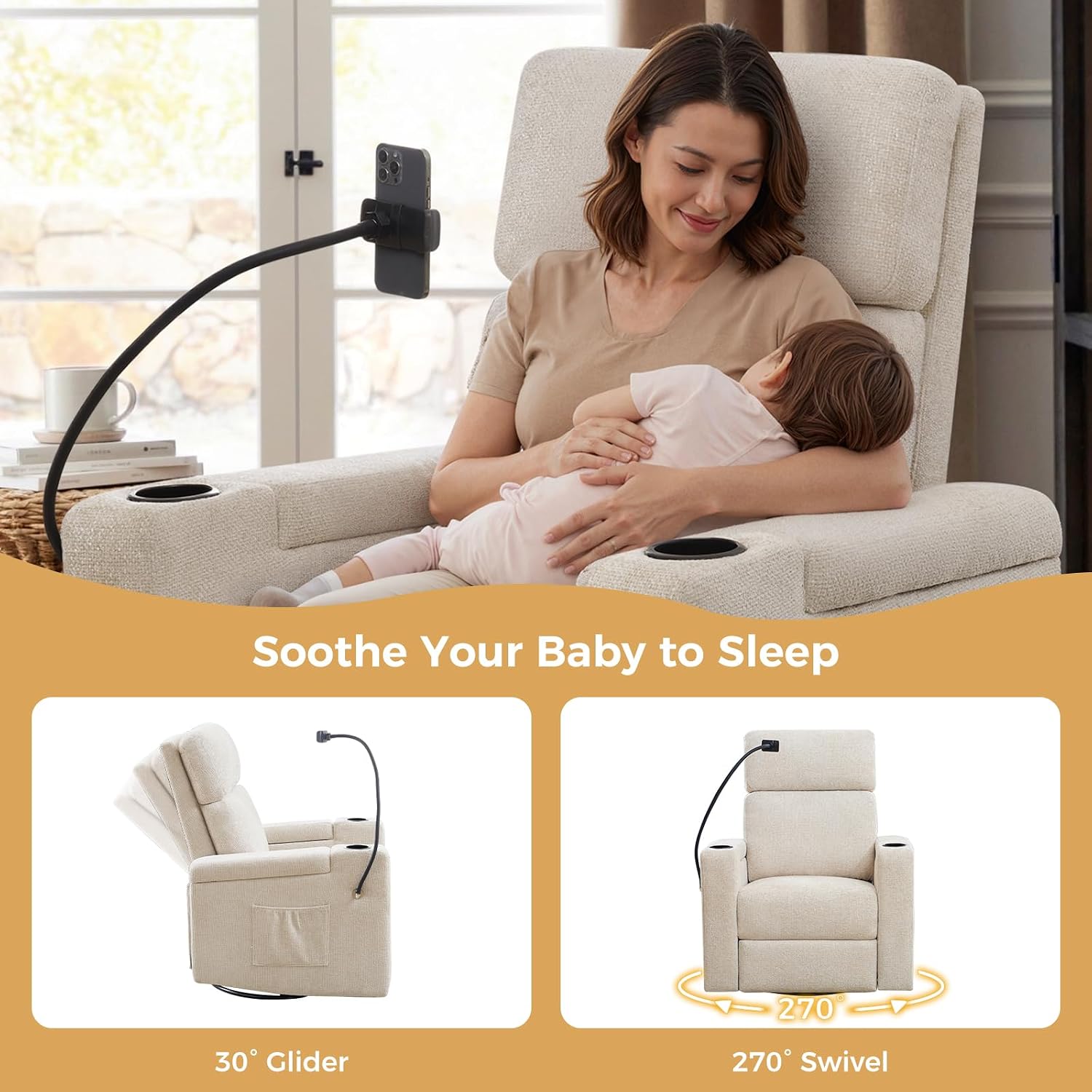 Power Swivel Glider Rocking Chair Nursery, Skin-Friendly Premium Chenille Electric Glider Rocker Recliner Chair with Armrest Storage, USB A&C Ports, Cup Holder, Phone Holder, Chenille Beige