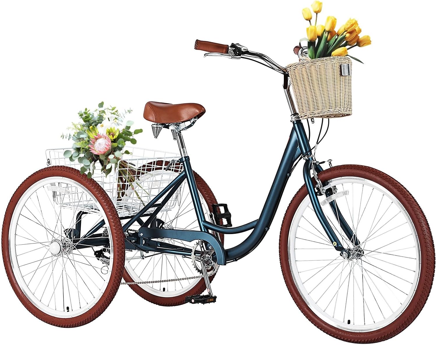 Adult Tricycles for Adults, 7 Speed Adult Trikes, 20/24/26 inch 3 Wheel Bike with Basket, Three-Wheeled Cruiser Bicycles for Women and Men, Without Fenders