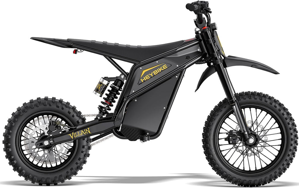 Heybike Villain Electric Dirt Bike, 4160W E Dirt Bike with 52V 26AH Battery, 14'/12' Fat Tire Electric Motorcycle for Teens, Max 45MPH Ebike with Reversing Function（Standard; Inky Black）