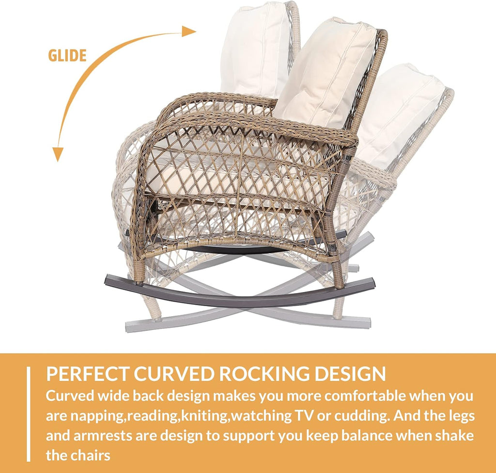 Outdoor Wicker Rocking Chair with Thickened Cushions, All-Weather Rattan Patio Rocking Chairs, Patio Wicker Rocker Chair for Backyard, Beige, Set of 2