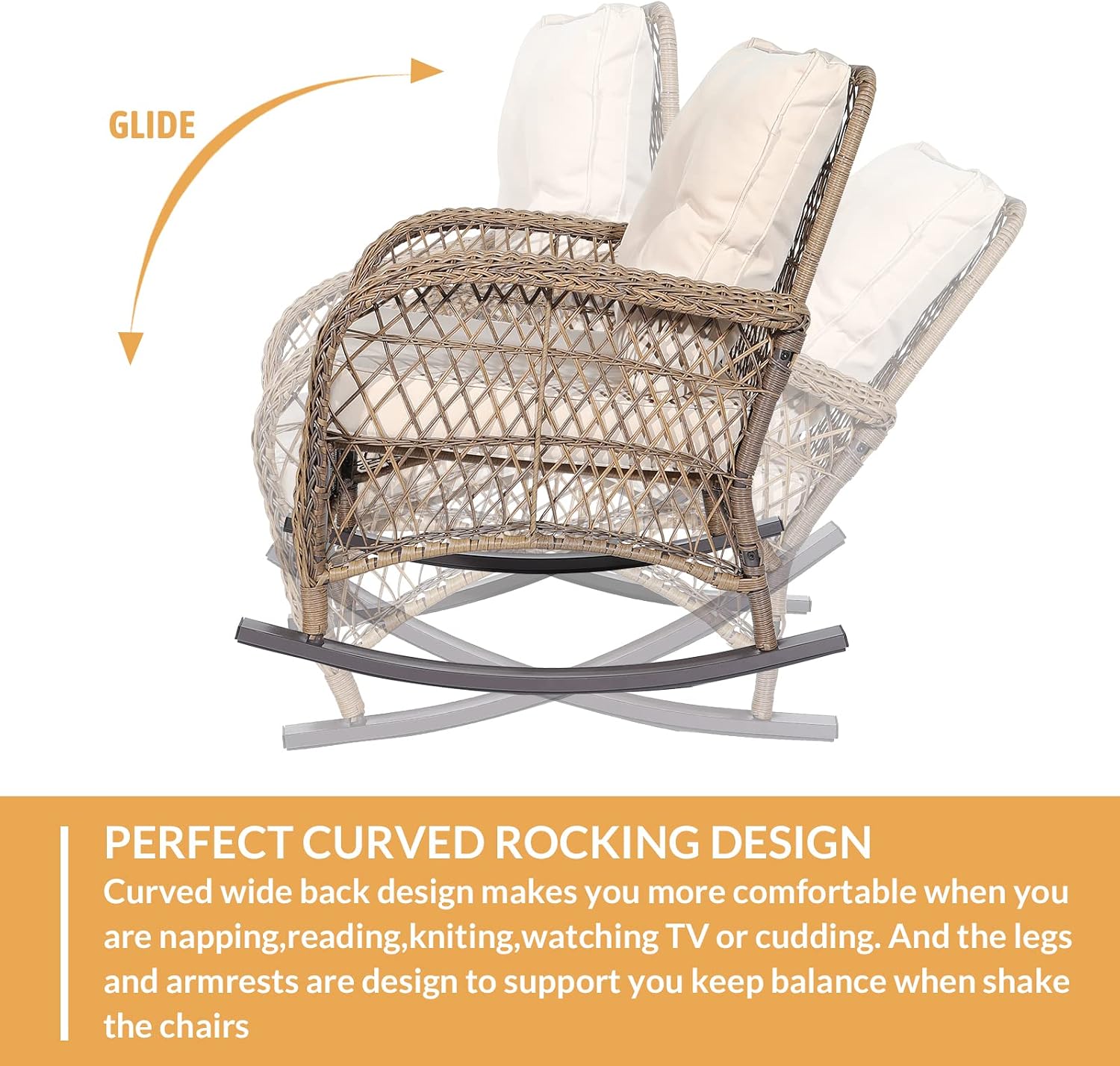 Outdoor Wicker Rocking Chair with Thickened Cushions, All-Weather Rattan Patio Rocking Chairs, Patio Wicker Rocker Chair for Backyard, Beige, Set of 2