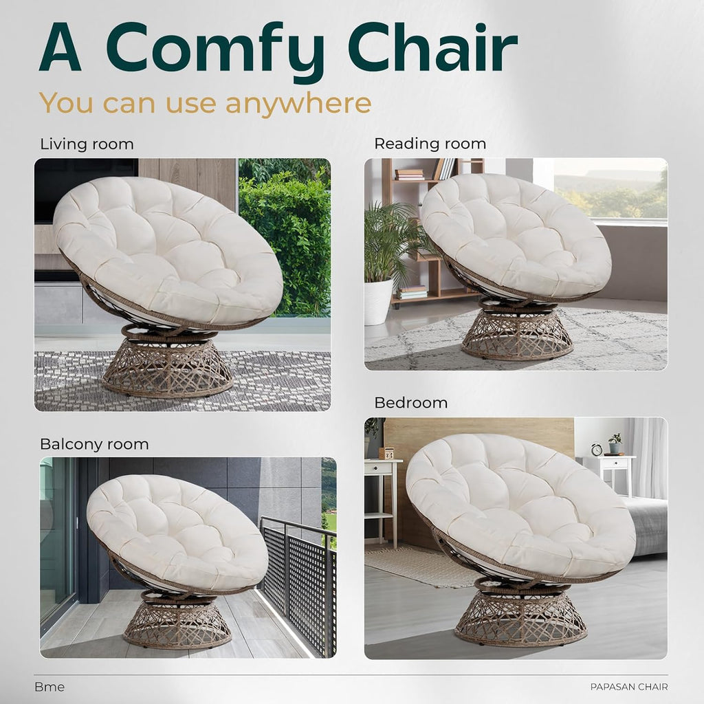 Bme 40' Ergonomic Wicker Papasan Chair with Soft Thick Density Fabric Cushion, High Capacity Steel Frame, 360 Degree Swivel for Living, Bedroom, Reading Room, Lounge