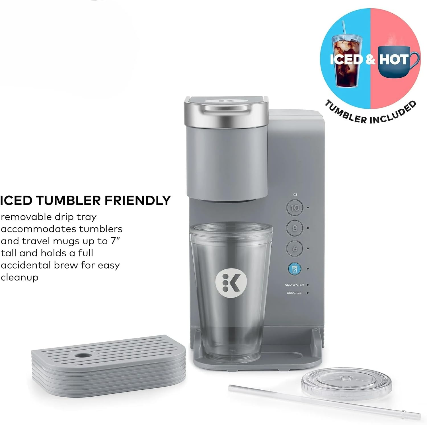 K-Iced Essentials Coffee Maker, Single-Serve KCup Pod Brewer with Removable Reservoir and Auto-Off, Energy Efficient, Includes K Iced Tumbler, Compact, Arctic Gray