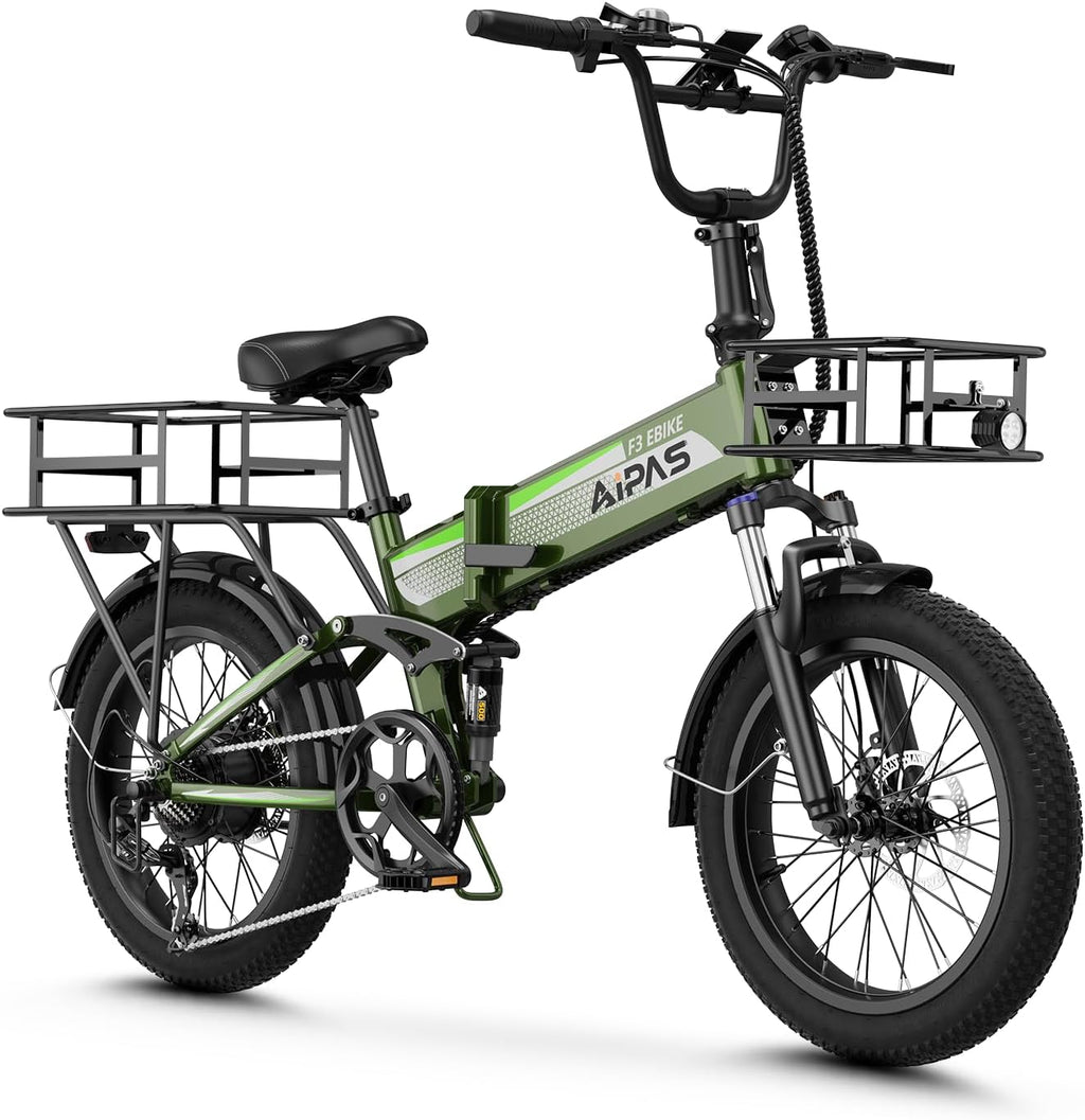 Aipas F3 Electric Bike for Adults with 1500W Motor Peak, 48V 12.8Ah Removable Battery Max 62 Miles 28MPH,20' x 3.0 Fat Tire Folding Electric Bike with 7-Speed and Full Suspension.