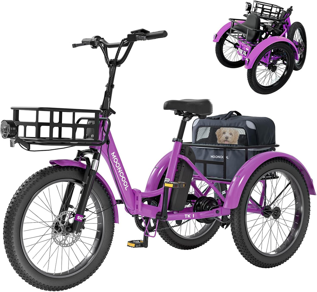 MOONCOOL Folding Electric Tricycle for Adults, 48V 500W 3 Wheels Electric Trike, Aluminum Frame Electric Tricycle Adult Bicycle with Removable Battery, Storage Bags Included