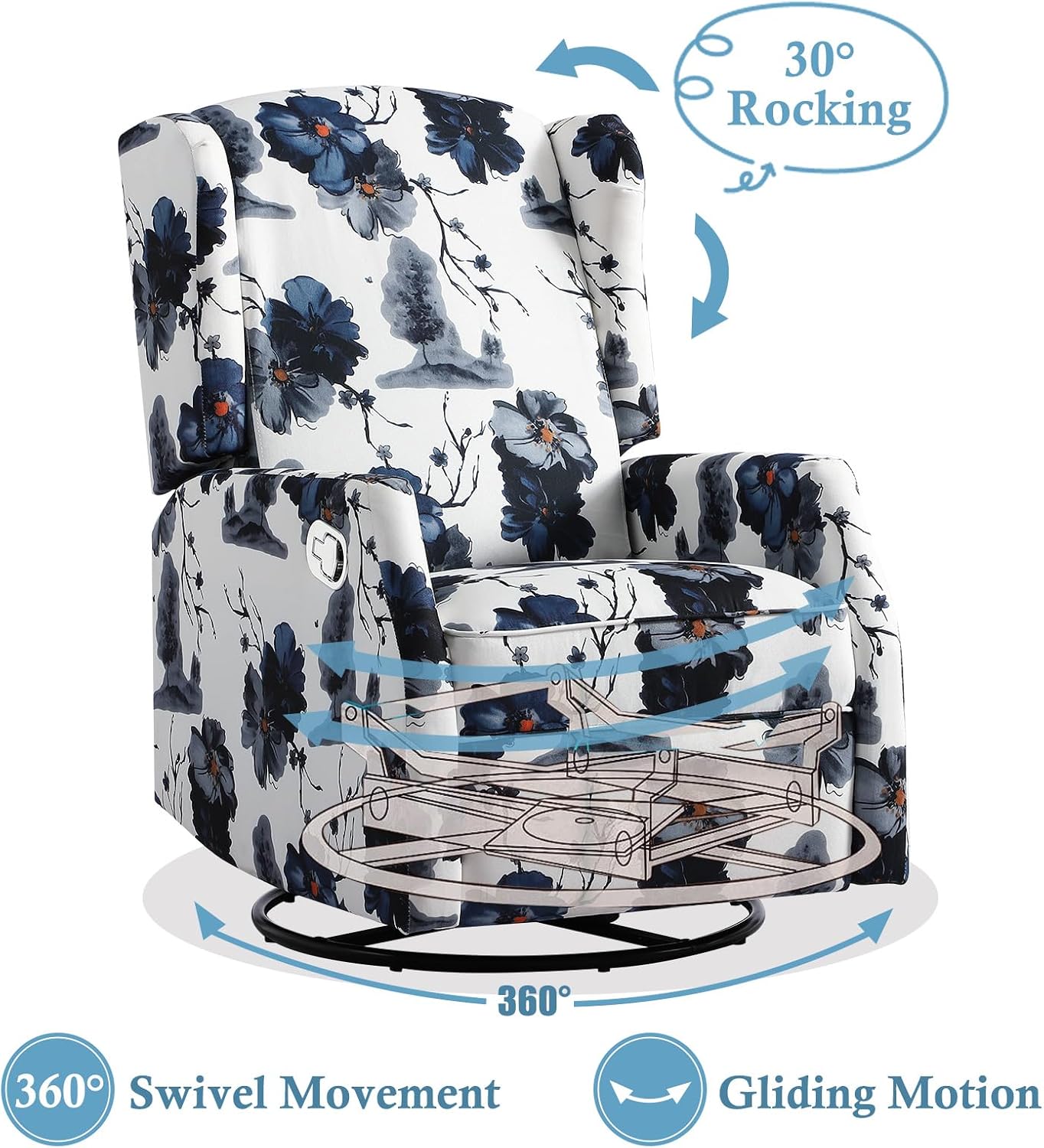 Swivel Rocker Recliner, Manual Rocker Recliner Chair for Adults, Glider Rocking Chair for Nursery with Padded Seat, 360° Swivel Rocking Chair Small Recliners for Small Spaces (1, Ink Blue)