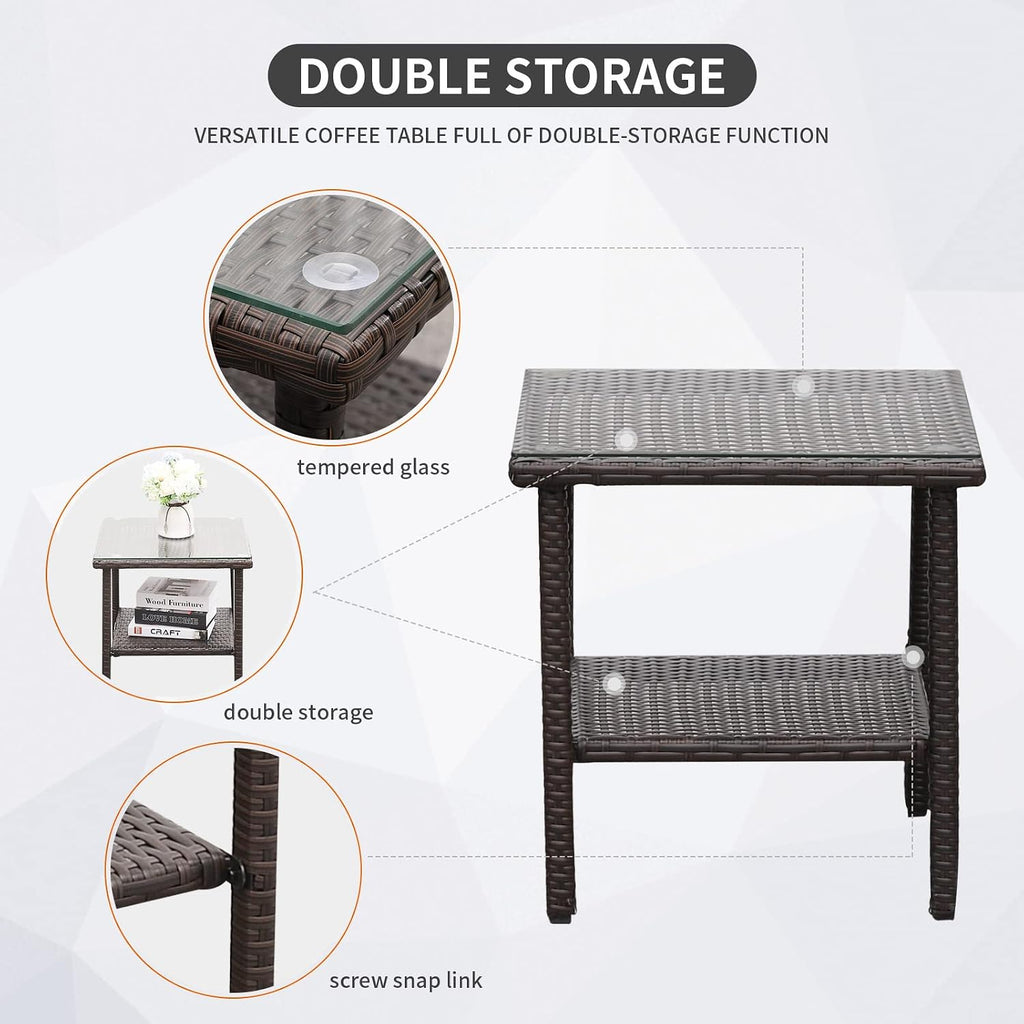 Outdoor HDPE Wicker Rocking Chair 3-Piece Patio Rattan Bistro Set 2 Rocker Armchair and Glass Coffee Side Table Furniture Washable Lacing Cushions, Blue