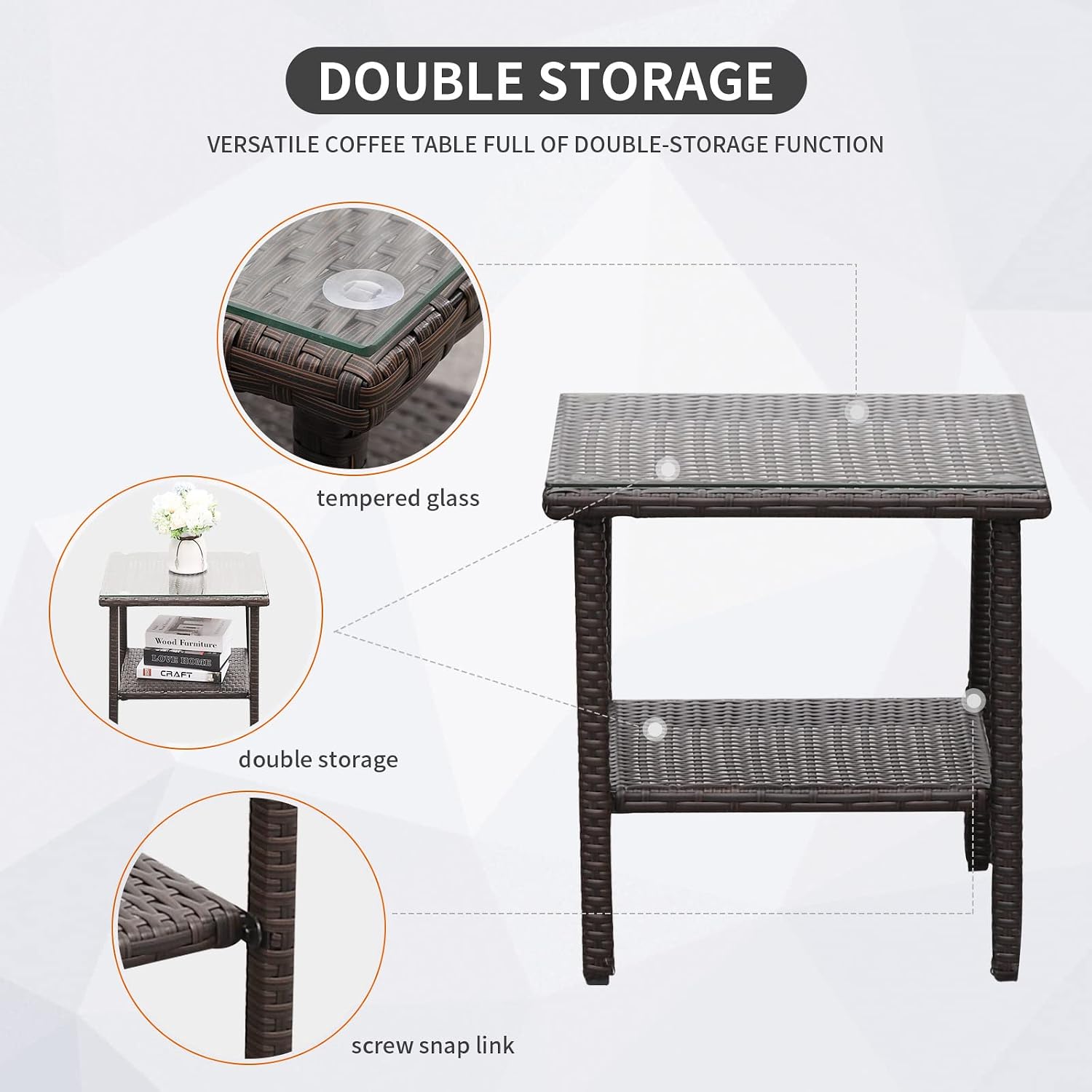 Outdoor HDPE Wicker Rocking Chair 3-Piece Patio Rattan Bistro Set 2 Rocker Armchair and Glass Coffee Side Table Furniture Washable Lacing Cushions, Blue