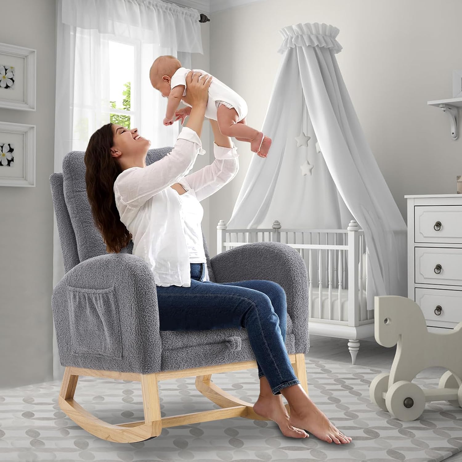 cinkehome Nursery Rocking Chair with Retractable Foot Rest, Teddy Glider Rocking Chair, Mid Century Rocker Chair, High Back, Solid Wood Legs