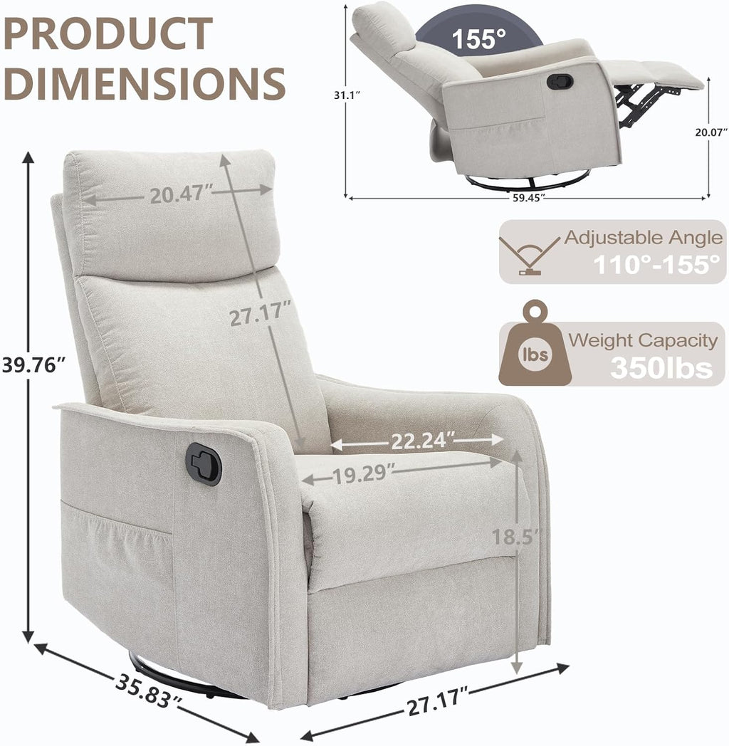 cinkehome Swivel Rocker Recliner Chair with Heated Massage, Rocking Reclining Chairs for Nursery, Small Spaces, High Back, Side Pocket