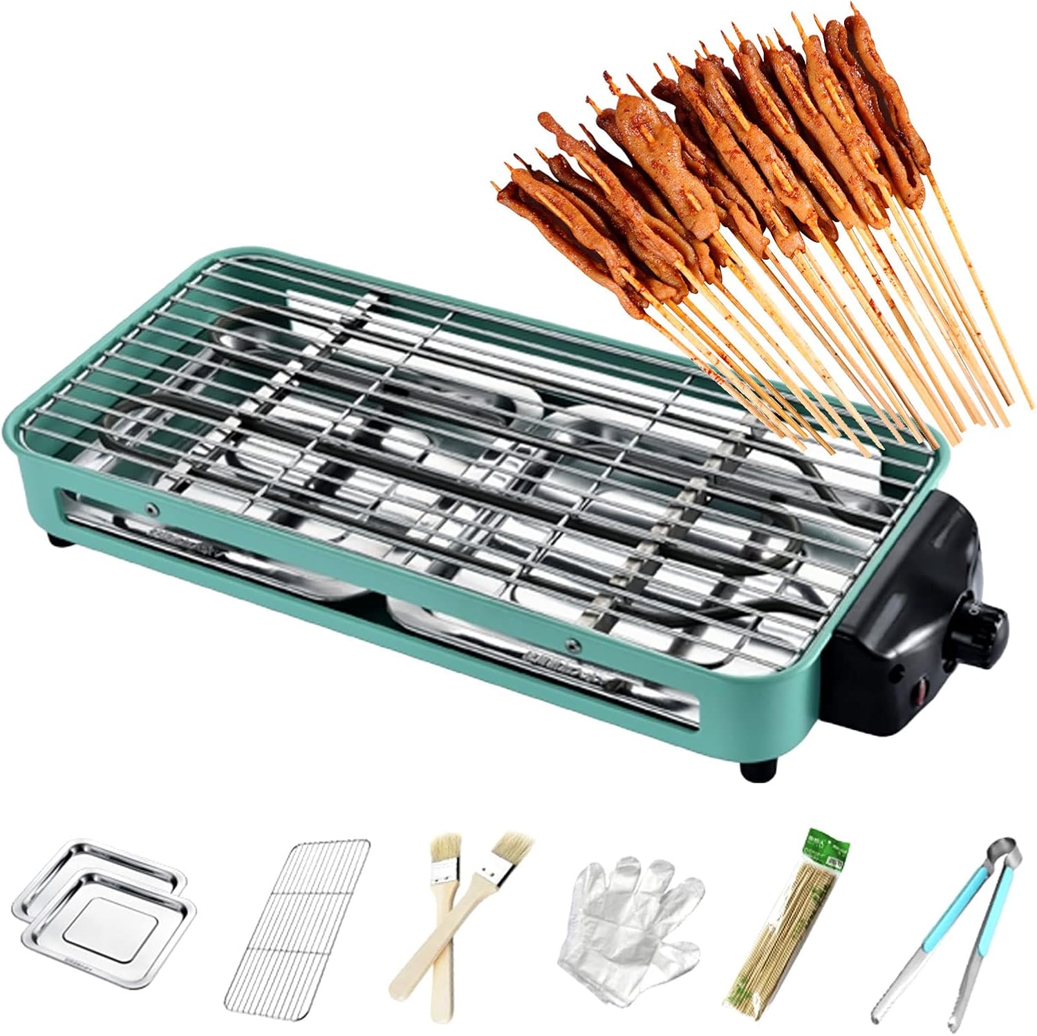 Smokeless Table Grill, Electric BBQ Grill 1500 W for Indoor Outdoor Use, Electric Table Top Griddle, Non-Stick Coating Grill Surface 42.5x20.5 cm, Removable Grease Tray, for Festival Party,Green