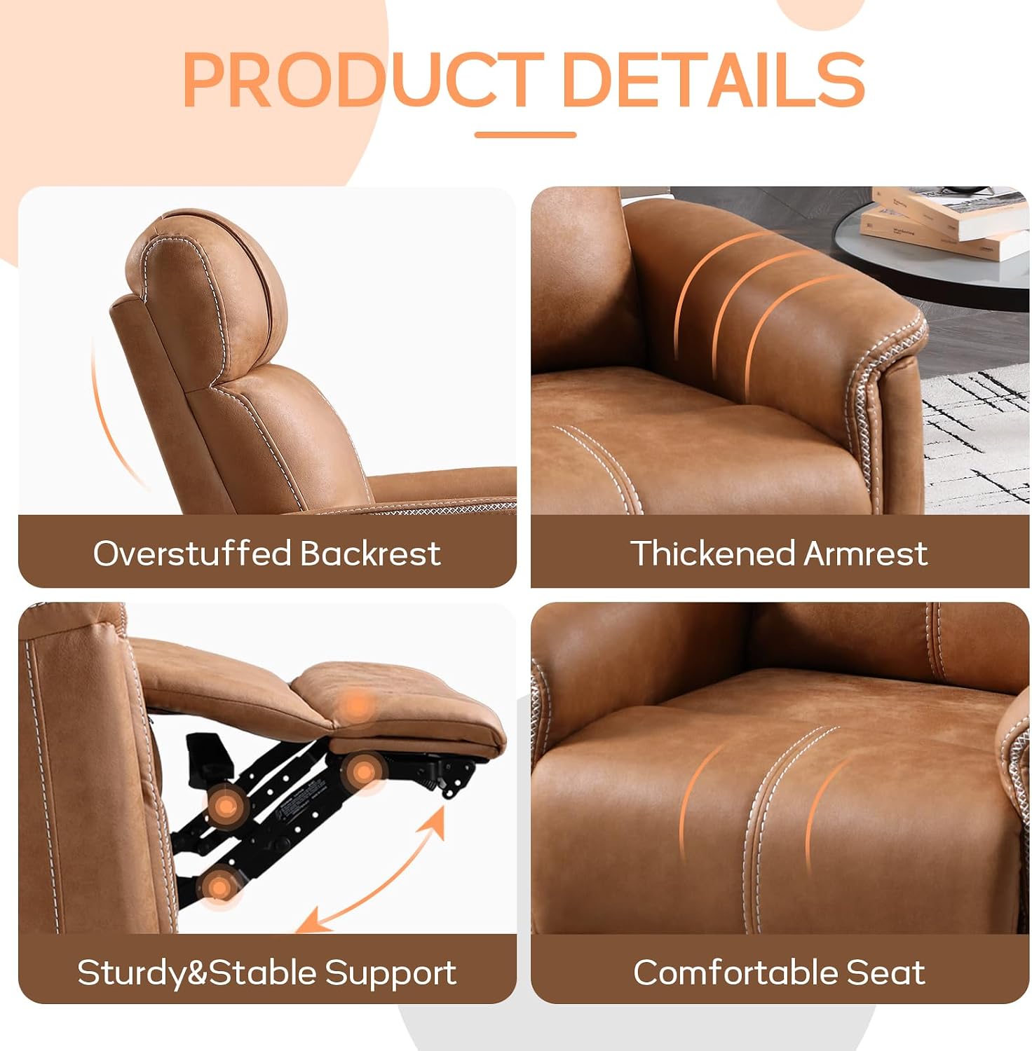 CANMOV Faux Leather Power Swivel Rocker Recliner,Glider Recliner for Nursery,Electric Swivel Rocker with USB Port,Upholstered Nursery Glider Reclining Sofa for Living Room,Brown1