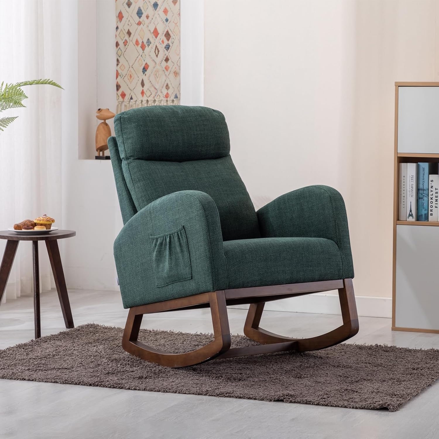 Upholstered Rocking Chair for Nursery, Accent Glider Rocker with Side Pocket, Comfy Armchair with Tall Backrest and Double Layer Cushion, Baby Nursery Glider for Living Room, Bedroom (Emerald Green)