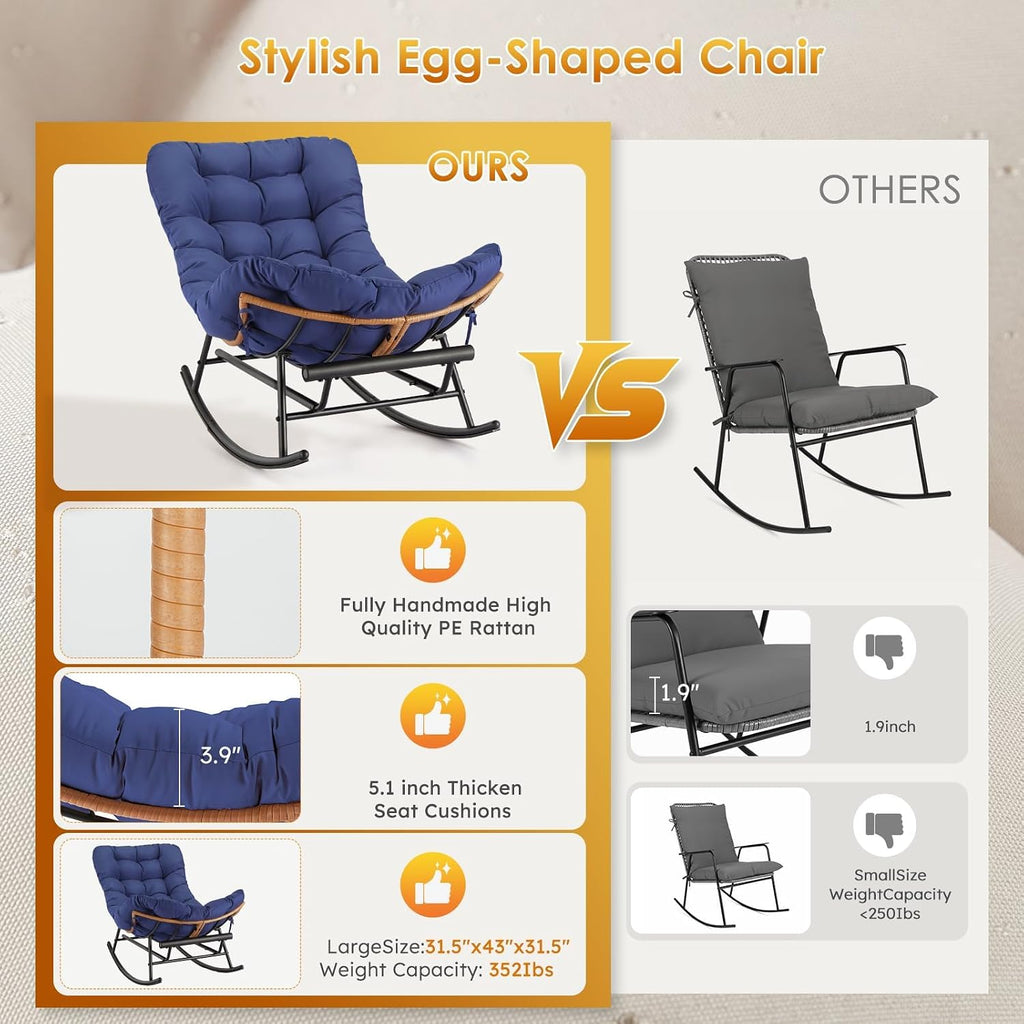 Takywep Rocking Chair - Oversized Outdoor Rocking Chairs with Footrest, Indoor Papasan Rocker Egg Chair for Bedroom, Living Room, Porch, Garden, Lawn (Royal Blue-Polyester)
