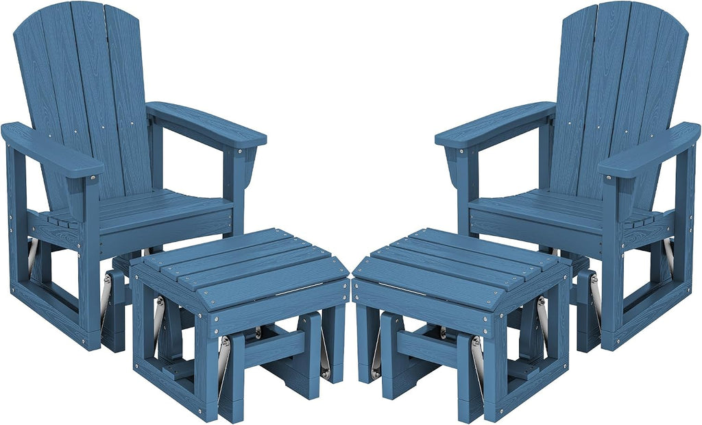 SERWALL Outdoor Glider Chair Set of 2 with Ottoman, HDPE Wood-Like Patio Glider Set All-Weather Porch Glider for Outside, Blue