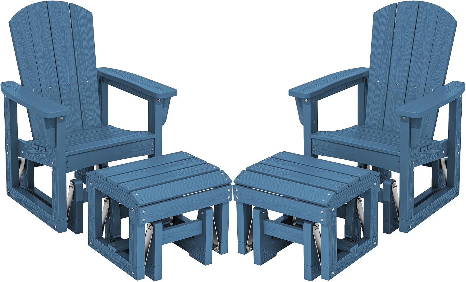 SERWALL Outdoor Glider Chair Set of 2 with Ottoman, HDPE Wood-Like Patio Glider Set All-Weather Porch Glider for Outside, Blue
