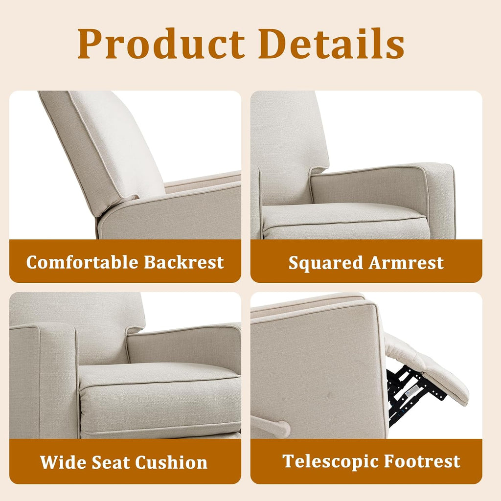 Swivel Rocker Recliner Chair for Adults, High Back Fabric Recliner with Deep Seat, Manual Glider for Living Room & Nursery, Beige