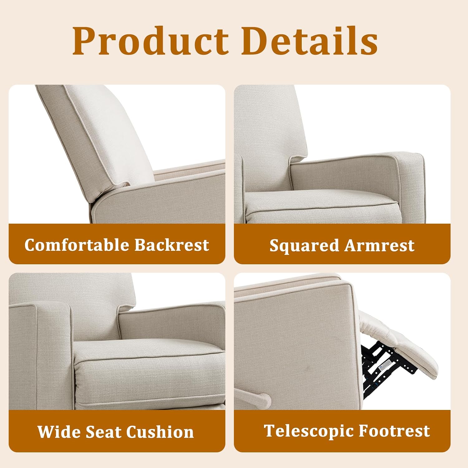 Swivel Rocker Recliner Chair for Adults, High Back Fabric Recliner with Deep Seat, Manual Glider for Living Room & Nursery, Beige