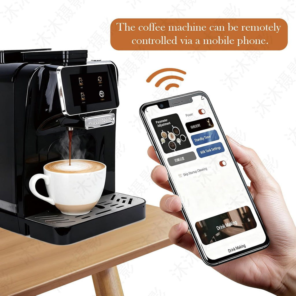 Fully Automatic Espresso Coffee Machine with Milk Cooler 4.3' Touchscreen Dual Heating 11 One Touch Beverages Adjustable Grinder & Milk Frother WiFi Smart Control