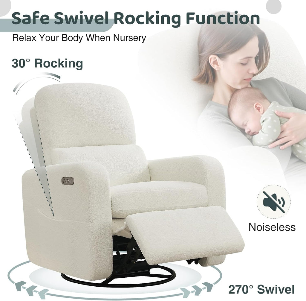 Power Swivel Rocker Recliner, Oversized Boucle Nursery Glider Recliner, Swivel Rocking Reclining Chair with Removable Cushion and Lumbar Support for Nursery Living Room Bedroom, Teddy White