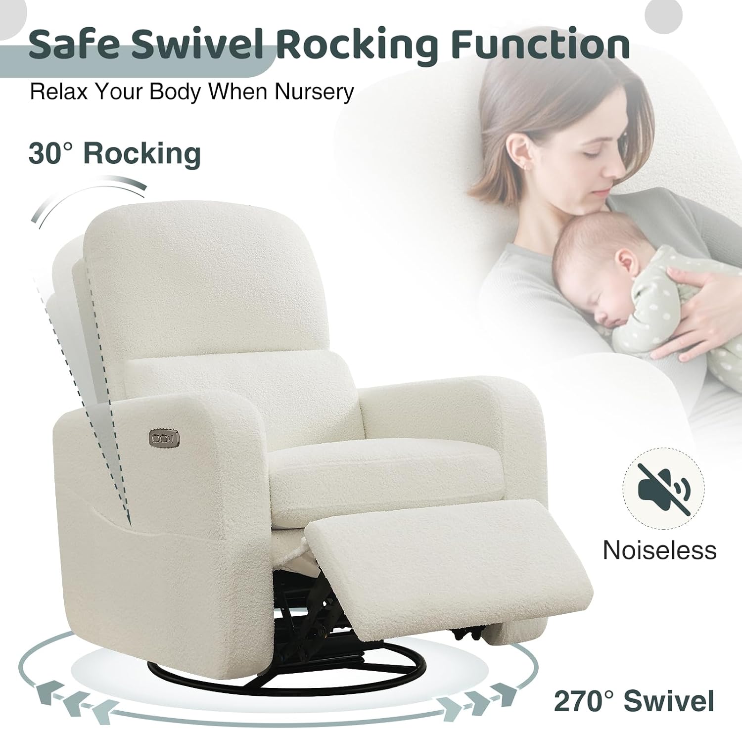 Power Swivel Rocker Recliner, Oversized Boucle Nursery Glider Recliner, Swivel Rocking Reclining Chair with Removable Cushion and Lumbar Support for Nursery Living Room Bedroom, Teddy White