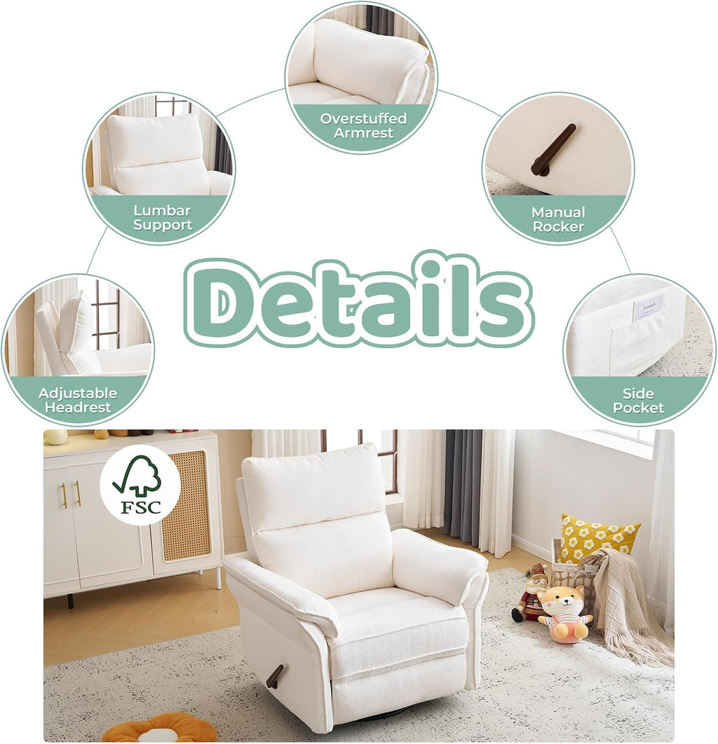 Oversized Swivel Rocker Recliner with Adjustable Headrest, Rocking Chair Nursery with Overstuffed Armrest, Manual Rocker Recliner Nursery Chair for Living Room, White