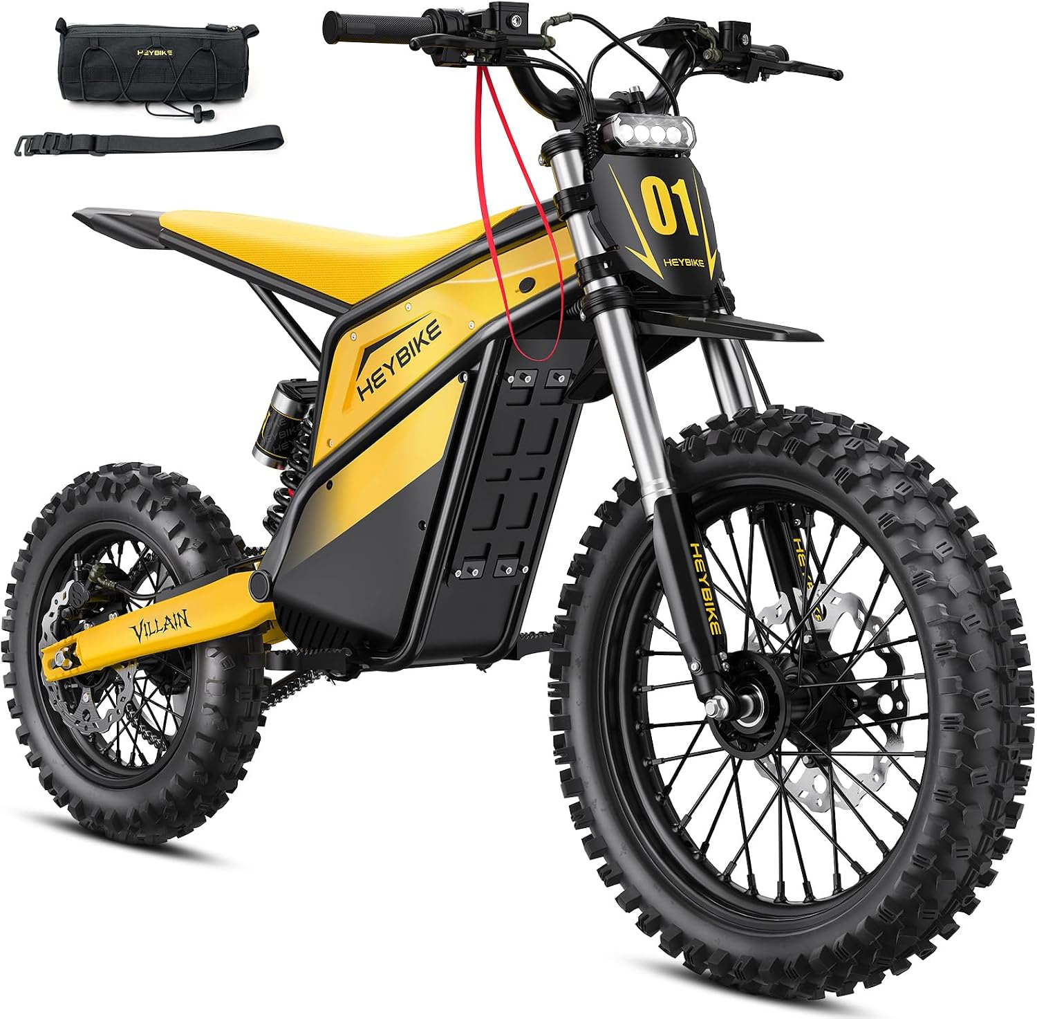 Heybike Villain Electric Dirt Bike, 4160W E Dirt Bike with 52V 26AH Battery, 14'/12' Fat Tire Electric Motorcycle for Teens, Max 45MPH Ebike with Reversing Function(with Crossbody Bag; Yellow)